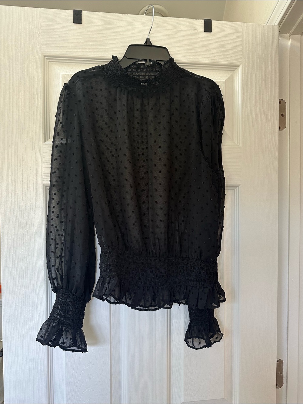June and Hudson Sheer Swiss Dot Black Long-Sleeve Blouse